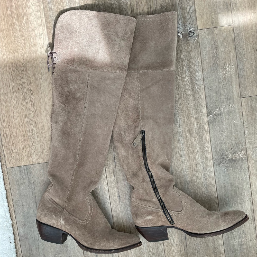 Frye Over The Knee Boots, tan suede